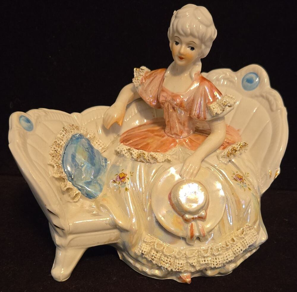 Vintage Porcelain Victorian Lady On Sofa Woman Statue Figurine Sitting Blue Hat